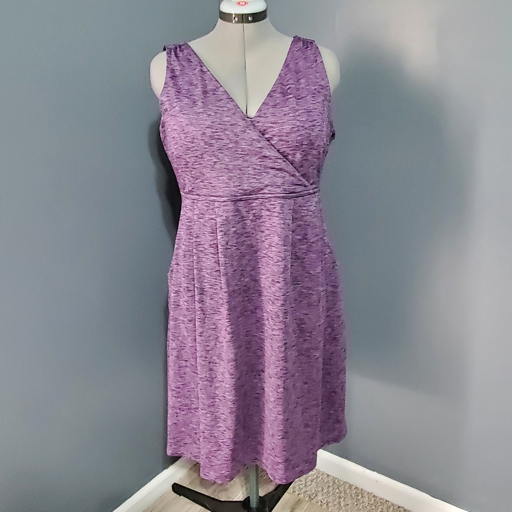 Eddie Bauer Purple Stretchy Midi Dress Pockets V Neck Women's Size XL